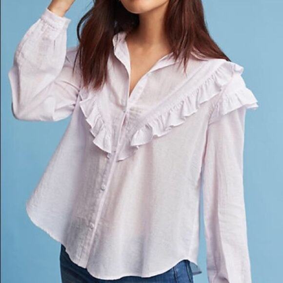 Anthro Eri + Ali Pinstripe Ruffled Button Down Size Small - Picture 1 of 8